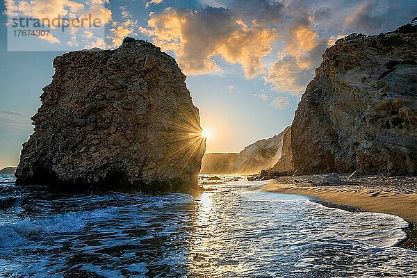 Fyriplaka beach and waves of Aegean sea on sunset  Milos island  Cyclades  Greece