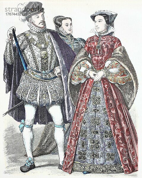 Volkstracht  Kleidung  Geschichte der Kostüme  Lord Darnley  Marquise von Dorset  Maria von Schottland  England  16. Jahrhundert  digital restaurierte Reproduktion einer Vorlage aus dem 19. Jahrhundert  genaues Datum unbekannt