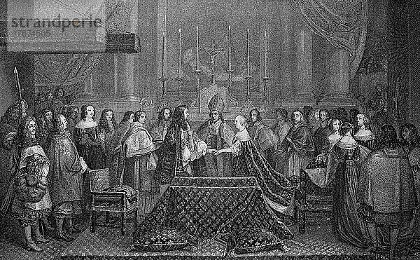 Vermählung König Ludwig XIV. mit Maria Theresia  Tochter von König Philipp IV. von Spanien  am 9. Juni 1660 zu St. Jean de Luz  Historisch  digital restaurierte Reproduktion einer Vorlage aus dem 19. Jahrhundert  genaues Datum unbekannt