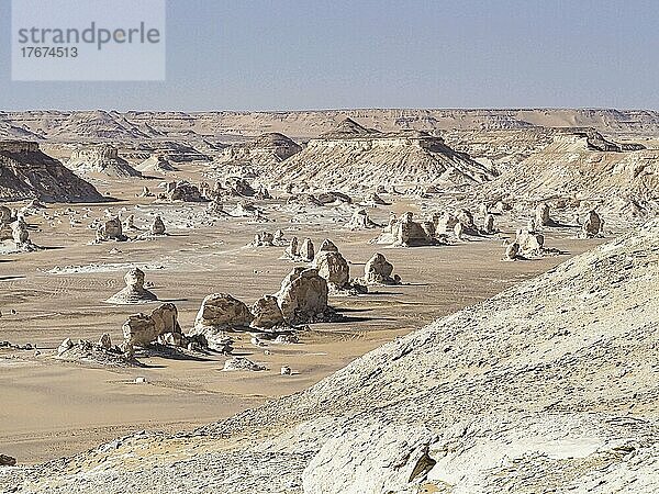 Weites Tal mit Kreideskulpturen in der Westside  westliche Weiße Wüste  nahe Bahariya Oasis  Ägypten  Afrika
