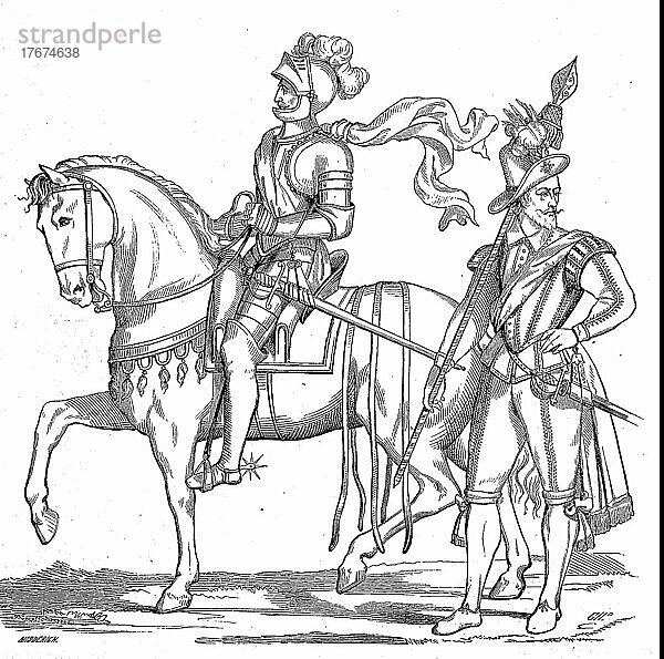 Ein Gendarm im Jahre 1593  ein Kapitän aus der Ehrengarde des Königs  in Rouen  Frankreich  Historisch  digital restaurierte Reproduktion einer Vorlage aus dem 19. Jahrhundert  genaues Datum unbekannt  Europa
