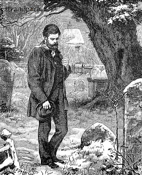 Totengedenken an Allerheiligen auf dem Friedhof  Historisch  digital restaurierte Reproduktion einer Vorlage aus dem 19. Jahrhundert  genaues Datum unbekannt