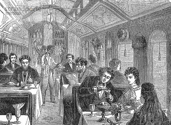 Eisenbahn Restaurant in einem Wagon der Linie von New York nach San Franzisko  1880  Amerika  Historisch  digital restaurierte Reproduktion einer Vorlage aus dem 19. Jahrhundert  genaues Datum unbekannt