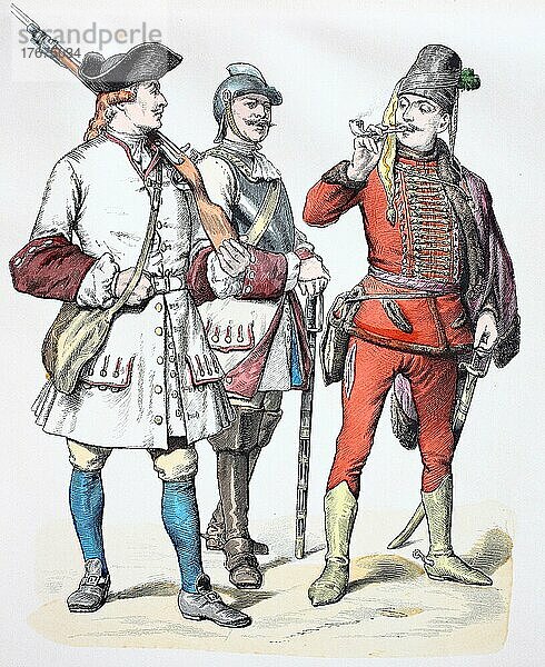 Volkstracht  Kleidung  Geschichte der Kostüme  Militäruniform aus Österreich  1728  digital restaurierte Reproduktion einer Vorlage aus dem 19. Jahrhundert  genaues Datum unbekannt