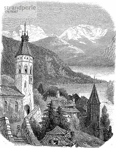 Aussicht von Thun auf den Thuner See  1897  Schweiz  Historisch  digital restaurierte Reproduktion einer Vorlage aus dem 19. Jahrhundert  genaues Datum unbekannt  Europa