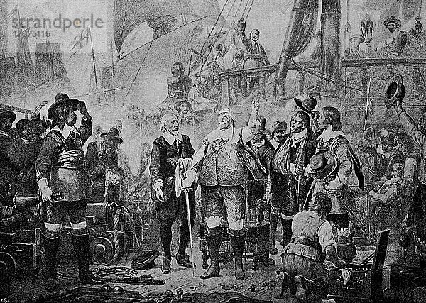 Christian IV. in der Seeschlacht bei der Insel Fehmarn am 6. Juli 1644  in der Seeschlacht bei Fehmarn vernichteten am 13. Oktober 1644 die verbündeten Schweden und Niederländer eine dänische Flotte  dreisigjähriger Krieg  Historisch  digital restaurierte Reproduktion einer Vorlage aus dem 19. Jahrhundert  genaues Datum unbekannt