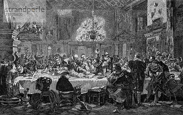 Gastmahl der Wallensteinschen Generale am 12. Januar 1634  Dreisigjähriger Krieg  Historisch  digital restaurierte Reproduktion einer Vorlage aus dem 19. Jahrhundert  genaues Datum unbekannt