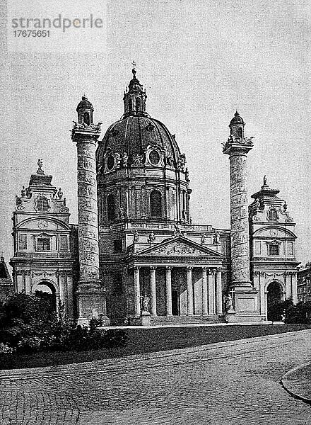Die Karlskirche in Wien  Österreich  Foto von 1895  Historisch  digital restaurierte Reproduktion einer Vorlage aus dem 19. Jahrhundert  genaues Datum unbekannt  Europa