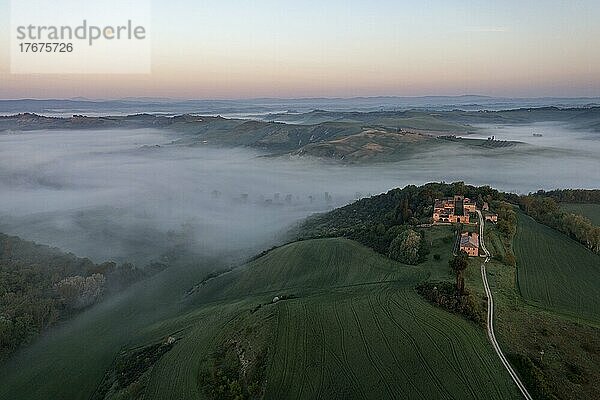 Luftaufnahme  Hügelige Landschaft mit Nebel  typisches Landhaus  Sonnenaufgang  Crete Senesi  Provinz Siena  Toskana  Italien  Europa