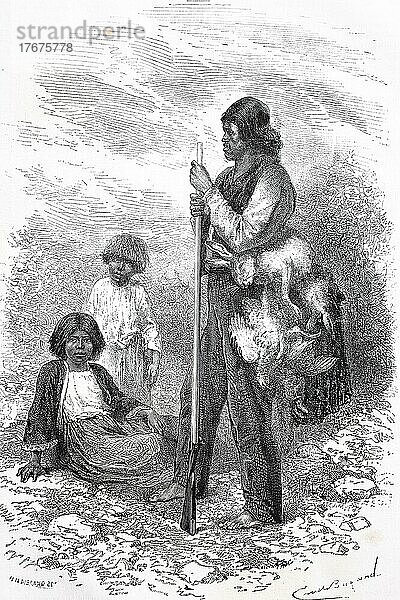 Indianischer Jäger aus Kalifornien und zwei indianische Mädchen  um 1870  USA  Historisch  digital restaurierte Reproduktion einer Vorlage aus dem 19. Jahrhundert  genaues Datum unbekannt  Nordamerika