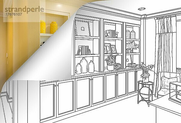 Built-in shelves and cabinets drawing with page corner flipping to completed photo behind