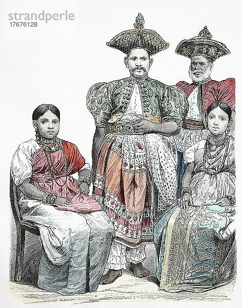 Volkstracht  Kleidung  Geschichte der Kostüme  Singalesen  Ceylon  1885  digital restaurierte Reproduktion einer Vorlage aus dem 19. Jahrhundert  genaues Datum unbekannt