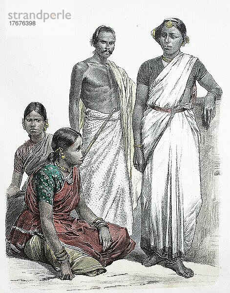 Volkstracht  Kleidung  Geschichte der Kostüme  Kling Hindus  Asiaten  Ostindien  1885  Indien  digital restaurierte Reproduktion einer Vorlage aus dem 19. Jahrhundert  genaues Datum unbekannt  Asien