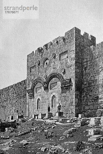 Das goldene Tor zu Jerusalem  im Vordergrund arabische Gräber  Foto von 1895  Historisch  digital restaurierte Reproduktion einer Vorlage aus dem 19. Jahrhundert  genaues Datum nicht bekannt