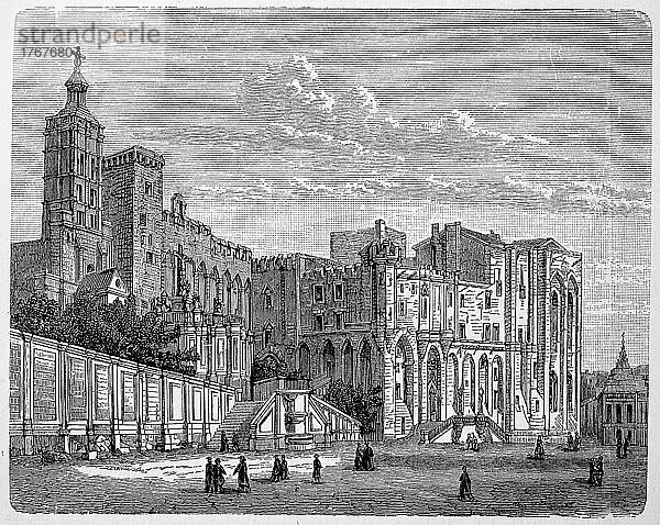 Der päpstliche Palast zu Avignon  Frankreich  um 1350  Historisch  digital restaurierte Reproduktion einer Vorlage aus dem 19. Jahrhundert  genaues Datum nicht bekannt  Europa