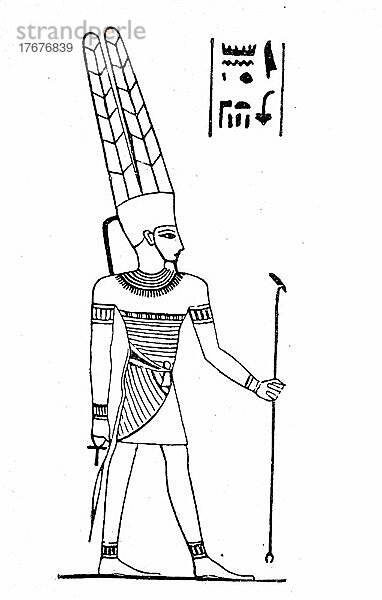 Amun  auch Amon  Amoun  Ammon  Hammon  Amen  ist der Wind- und Fruchtbarkeitsgott der altägyptischen Religion  Historisch  digital restaurierte Reproduktion einer Vorlage aus dem 19. Jahrhundert  genaues Datum unbekannt