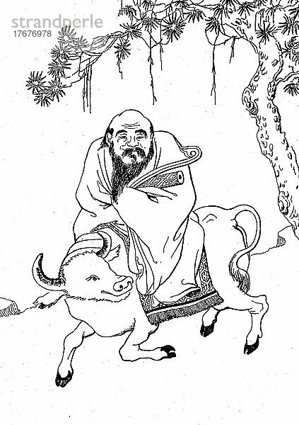 Laozi ist ein legendärer chinesischer Philosoph  der im 6. Jahrhundert v. Chr. gelebt haben soll. Je nach Umschrift wird der Name auch Laotse  Lao-Tse  Laudse oder Lao-tzu geschrieben  China  Historisch  digital restaurierte Reproduktion einer Vorlage aus dem 19. Jahrhundert  genaues Datum unbekannt  Asien