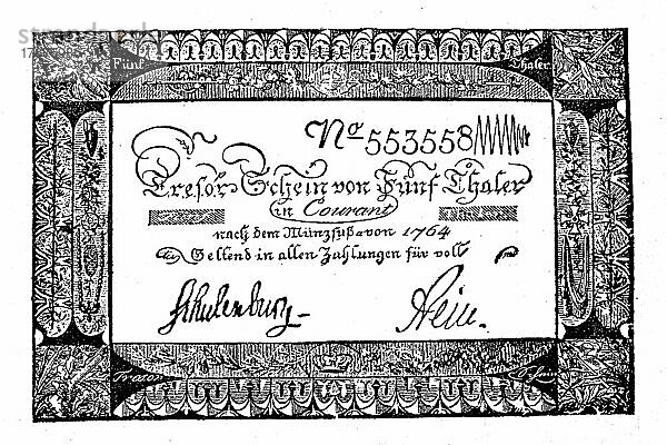 Preußischer Tresorschein von fünf Taler aus dem Jahre 1806  erstes preußisches Papiergeld  Historisch  digital restaurierte Reproduktion einer Vorlage aus dem 19. Jahrhundert  genaues Datum unbekannt