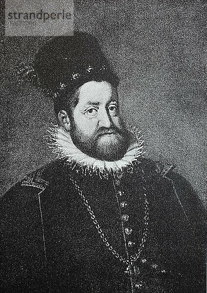 Rudolf II. 18. Juli 1552  20. Januar 1612  war Kaiser des Heiligen Römischen Reichs (1576-1612)  König von Böhmen (1575-1611) sowie König von Ungarn (1572-1608) und Erzherzog von Österreich (1576-1608)  Historisch  digital restaurierte Reproduktion einer Originalvorlage aus dem 19. Jahrhundert  genaues Datum unbekannt