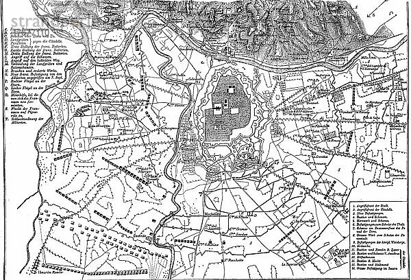 Plan der Belagerung. Spanischer Erbfolgekrieg  Schlacht bei Turin  am 7. September 1706  Italien  Historisch  digital restaurierte Reproduktion einer Vorlage aus dem 19. Jahrhundert  genaues Datum nicht bekannt  Europa