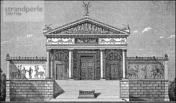 Etruskischer Tempel  Rekonstruktion  Kultur der Etrusker  Historisch  digital restaurierte Reproduktion einer Vorlage aus dem 19. Jahrhundert  genaues Datum unbekannt
