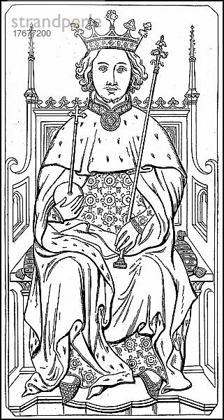 Richard II. nach einem Gemälde in der Abtei zu Westminster  England  6. Januar 1367 -14. Februar 1400  von 1377 bis zu seiner Absetzung 1399 König von England  Historisch  digital restaurierte Reproduktion einer Vorlage aus dem 19. Jahrhundert  genaues Datum unbekannt