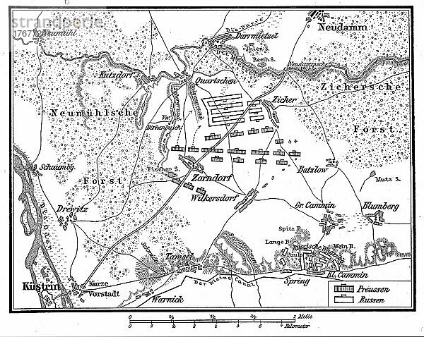 Plan der Schlacht von Zorndorf  hier trafen am 25. August 1758 eine preußische Armee unter König Friedrich II. und die russische Hauptarmee unter Wilhelm von Fermor aufeinander  Historisch  digital restaurierte Reproduktion von einer Vorlage aus dem 19. Jahrhundert  genaues Datum unbekannt