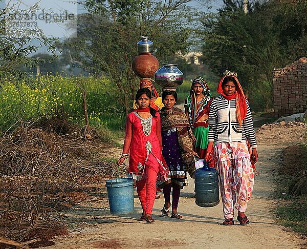 Nordindien  Rajasthan  Frauen bringen Wasser vom Brunnen in Behälter auf ihren Köpfen und Eimer in den Händen  Indien  Asien