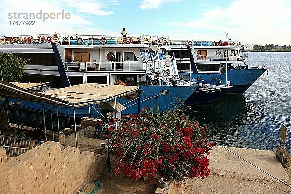 Kreuzfahrtschiffe  Schiffsanlegestelle am Nil in der Stadt Esna  Ägypten  Afrika