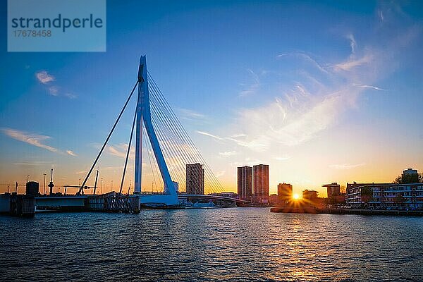 Erasmusbrücke (Erasmusbrug) und Rotterdamer Skyline bei Sonnenuntergang über der Nieuwe Maas. Rotterdam  Niederlande  Europa