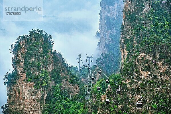 Berühmte Touristenattraktion von China  Zhangjiajie Steinsäulen Felsen Berge in Nebel Wolken mit Seilbahn Auto Aufzug in Wulingyuan  Hunan  China. Mit Kameraschwenk