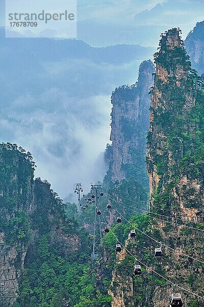 Berühmte Touristenattraktion von China  Zhangjiajie Steinsäulen Felsen Berge in Nebel Wolken mit Seilbahn Auto Aufzug in Wulingyuan  Hunan  China. Mit Kameraschwenk