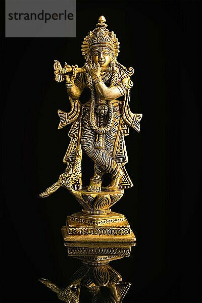 Krishna Gott Vishnu Avatar Messing Statue vorschwarz mit Reflexion