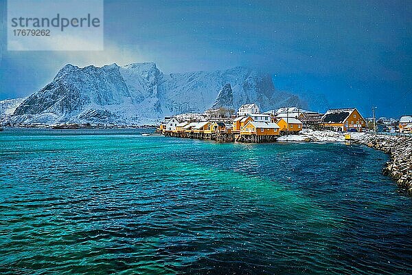 Gelbe Rorbu-Häuser im Fischerdorf Sakrisoy mit Schnee im Winter. Lofoten Inseln  Norwegen  Europa