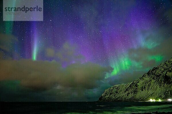 Aurora borealis Nordlicht in Vareid  Lofoten Inseln  Norwegen  Europa
