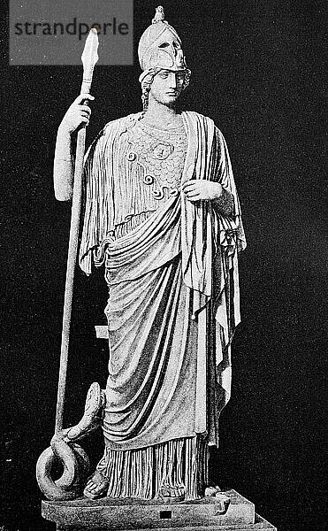 Pallas Athene  Athene oder Athena ist eine Göttin der griechischen Mythologie. Sie ist die Göttin der Weisheit  der Strategie und des Kampfes  der Kunst  des Handwerks und der Handarbeit sowie Schutzgöttin  digital restaurierte Reproduktion einer Vorlage aus dem 19. Jahrhundert  genaues Datum unbekannt