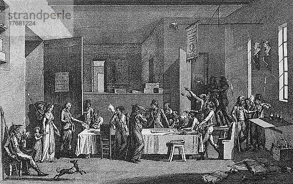 Sitzung eines Revolutionsausschusses während der Schreckensherrschaft 1793  1794  Französische Revolution  Frankreich  digital restaurierte Reproduktion einer Vorlage aus dem 19. Jahrhundert  genaues Datum unbekannt  Europa