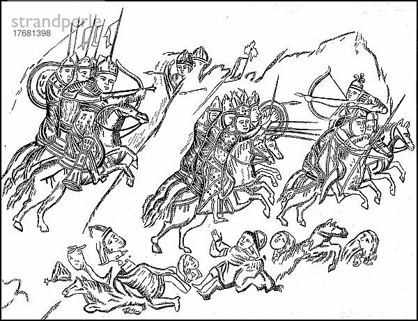 Russische Reiter verfolgen Bulgaren  Russland  10. Jahrhundert  digital restaurierte Reproduktion einer Vorlage aus dem 19. Jahrhundert  genaues Datum unbekannt  Europa