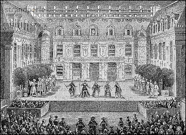 Erste Aufführung der Oper Alceste von Jean-Baptiste Lully im Marmorhof zu Versaille  1674  Frankreich  Historisch  digital restaurierte Reproduktion von einer Vorlage aus dem 19. Jahrhundert  genaues Datum unbekannt  Europa