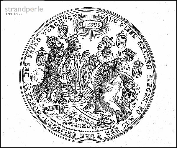Medaille auf die Befreiung von Wien  Österreich  im Jahre 1683  nach dem Türkenkrieg  digital restaurierte Reproduktion einer Vorlage aus dem 19. Jahrhundert  genaues Datum unbekannt  Europa