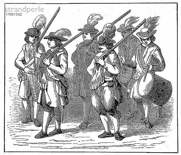 Gardesoldaten aus Holland um 1690  aus der Garde von Wilhelm III  digital restaurierte Reproduktion einer Vorlage aus dem 19. Jahrhundert  genaues Datum unbekannt