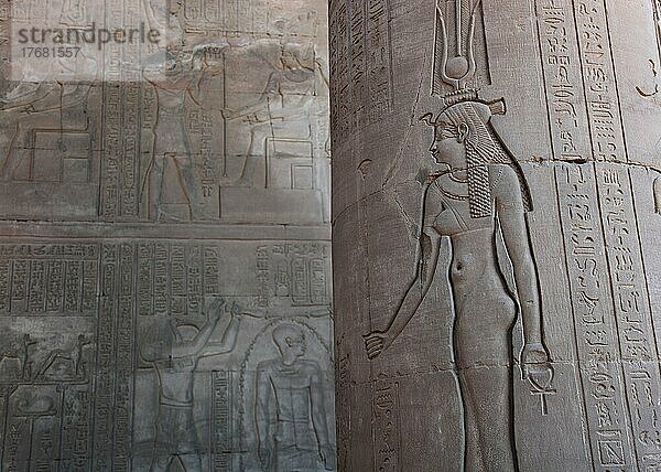 Darstellung der Göttin Hathour  Hathor an einer Säule im Kom Ombo Tempel am Nil  Ägypten  Afrika