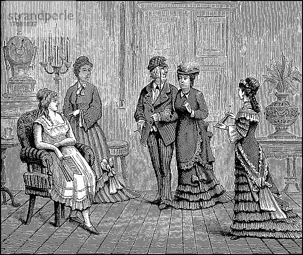 Szene aus einem Heim der Mormonen  Mann mit vier Fraün  Amerika  Fraün im 19. Jahrhundert  digital restaurierte Reproduktion einer Vorlage aus dem 19. Jahrhundert  Originaldatum nicht bekannt