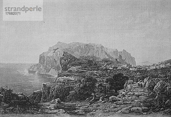Insel Capri nach einer Ansicht aus dem Jahre 1860  Italien  Historisch  digital restaurierte Reproduktion einer Vorlage aus dem 19. Jahrhundert  Originaldatum unbekannt  Europa