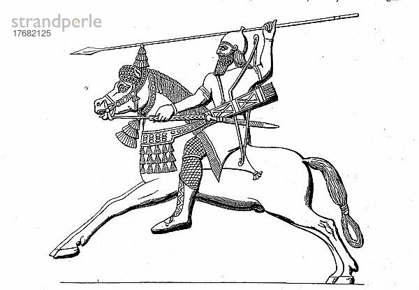 Assyrischer Reiter  Krieger mit Speer  Assyrisches Reich  digital restaurierte Reproduktion einer Vorlage aus dem 19. Jahrhundert  Originaldatum nicht bekannt