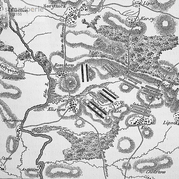 Plan der Schlacht bei Klissow am 19. Juli 1702  Polen  In der Schlacht bei Klissow standen sich am 19. Juli 1702 die Armeen von Karl XII. und August II. gegenüber. Klissow ist ein Ort südlich von Kielce  Historisch  digital restaurierte Reproduktion einer Vorlage aus dem 19. Jahrhundert  Originaldatum unbekannt  Europa