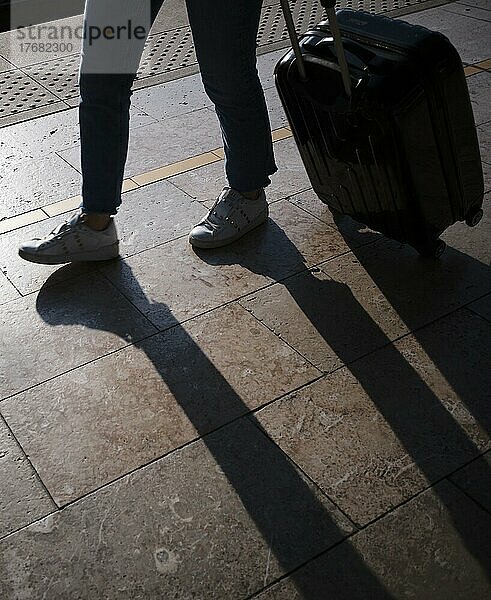 Reisende am Bahnsteig  Silhouette  Schatten  Handgepäck  Koffertrolley  Gare TGV  Aix-en-Provence  Bouches-du-Rhône  Frankreich  Europa