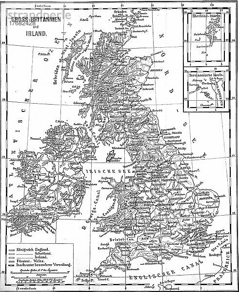 Landkarte von Großbritannien und Irland im Stand von 1870  digital restaurierte Reproduktion einer Originalvorlage aus dem 19. Jahrhundert  genaues Originaldatum nicht bekannt