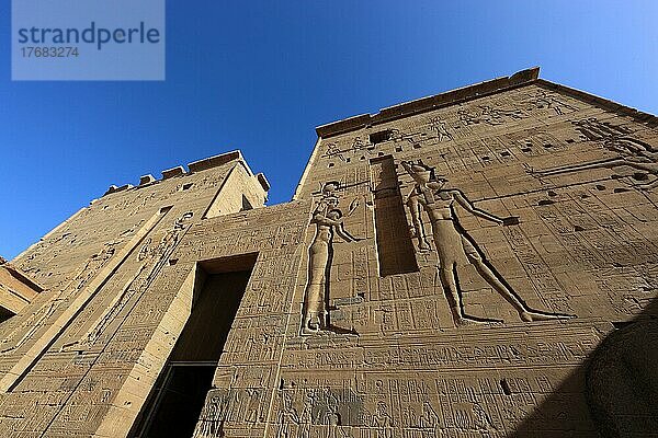 Isistempel  Isis-Tempel von Philä auf der Nil-Insel Agilkia  Reliefs am Isis-Tempel  Teil der Tempelanlage  Oberägypten  Ägypten  Afrika