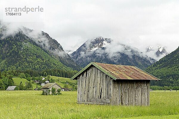 Ausblick von den Lorettowiesen zu wolkenverhangenen Bergen  Oberstdorf  Allgäuer Alpen  Allgäu  Bayern  Deutschland  Europa